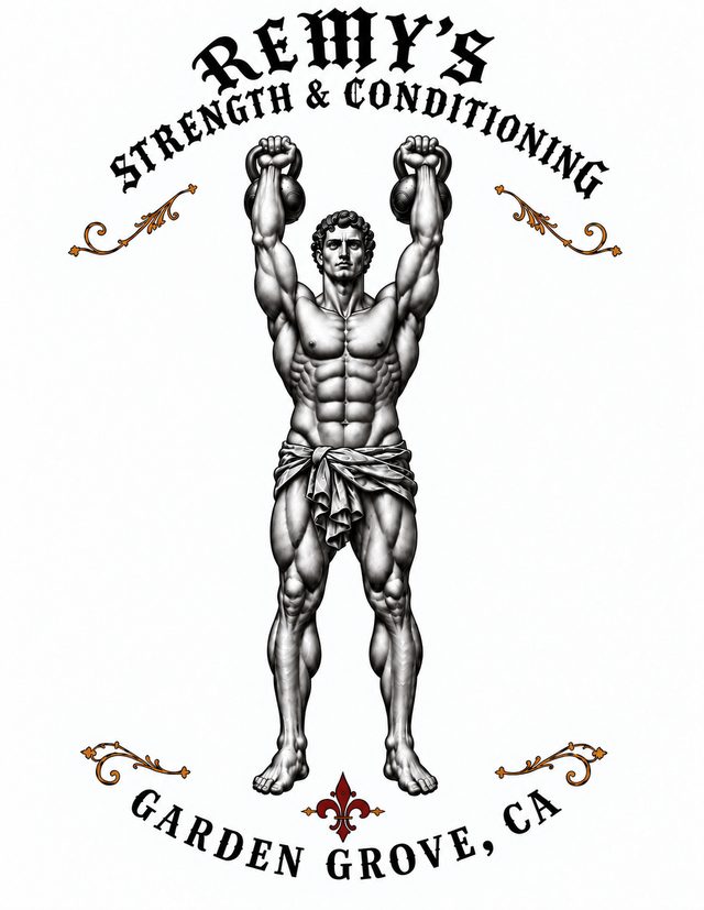 Remy's Strength & Conditioning logo: an engraved classical figure pressing two kettlebells overhead